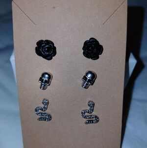 No Boundaries Black Roses, Silver Skulls & Snakes Stud Earrings Set